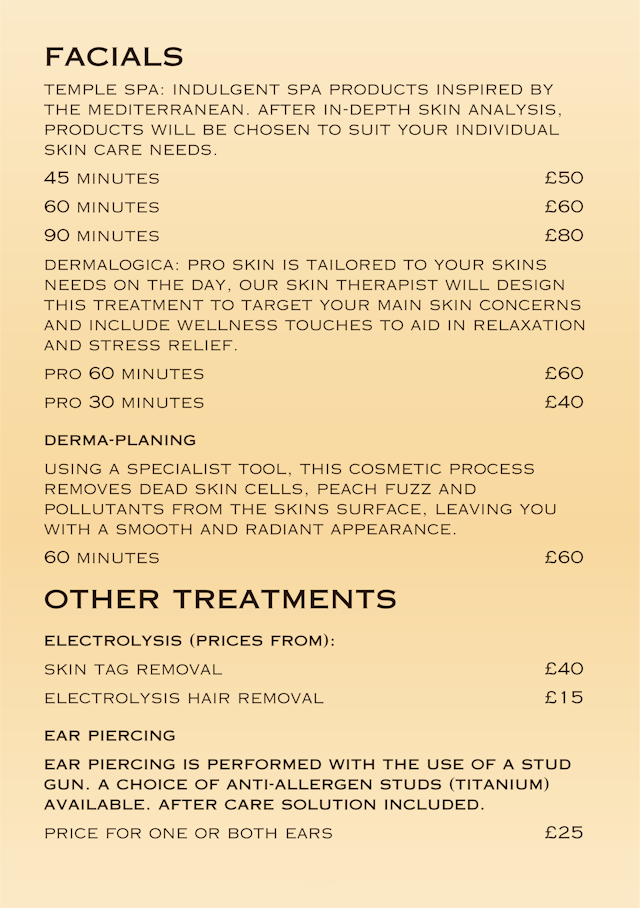 Facials Price List