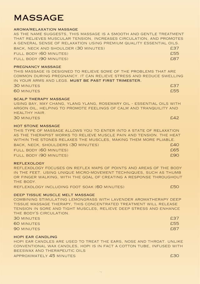 Massage Price List